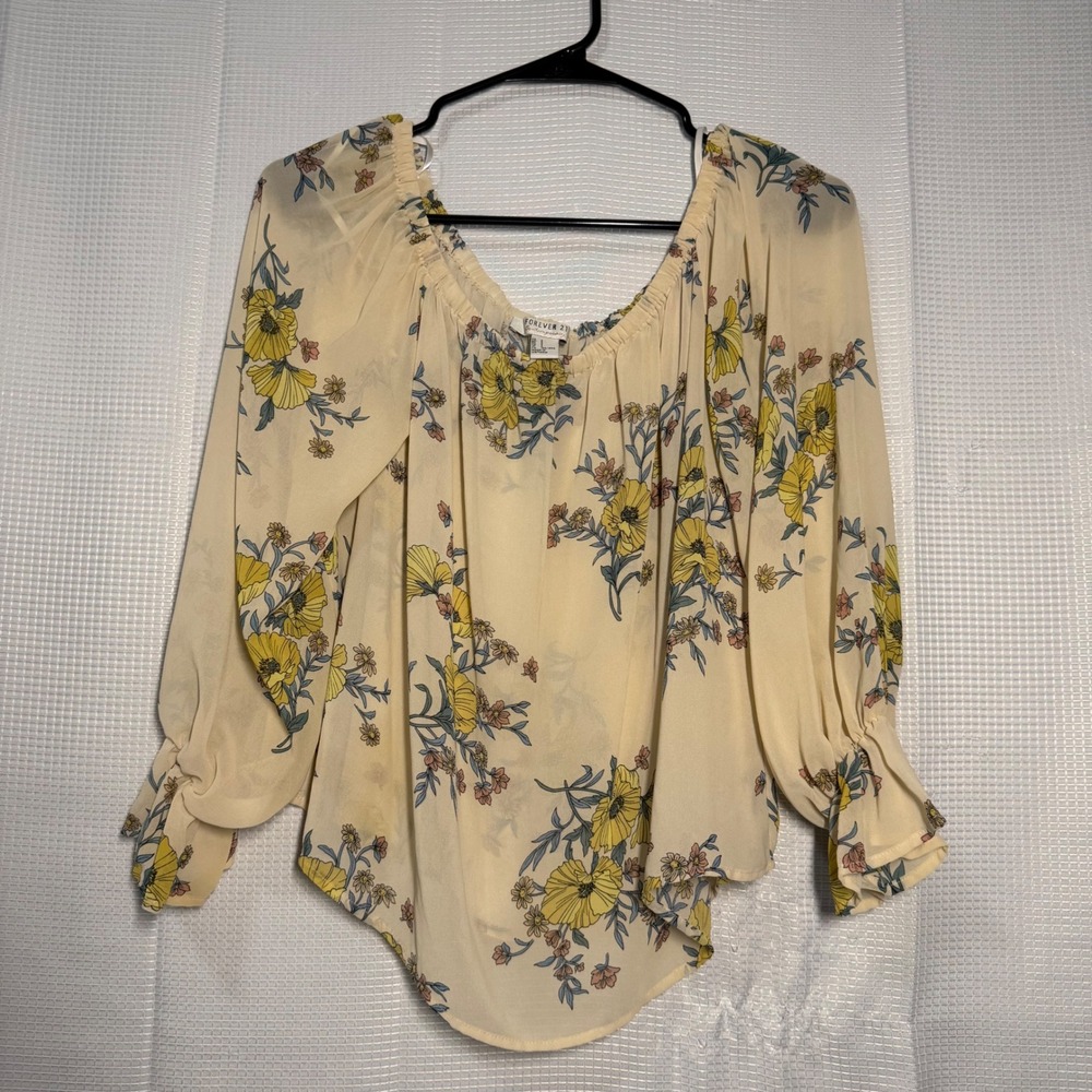 Forever 21 Floral Blouse Small Cream Off-The-Shoulder Bell Sleeve